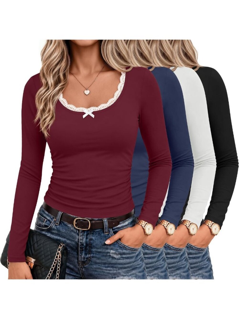 4 Pack Women's Knit Long Sleeve Tops - Cozy, Stylish, Versatile Wardrobe